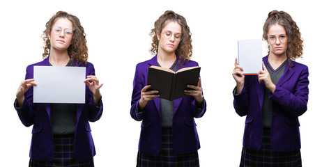 Sticker - Collage of young student girl wearing school uniform holding degree over isolated background with a confident expression on smart face thinking serious