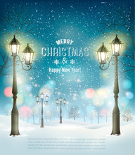 Christmas Holiday Background With Evening Winter Landscape And Lamppost. Vector