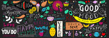 Fototapeta Młodzieżowe - Chalkboard Doodle Food Banner. Cafe template design. Restaurant wall typography.
