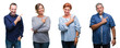 © Krakenimages.com - Collage of group of elegant middle age and senior people over isolated background cheerful with a smile of face pointing with hand and finger up to the side with happy and natural expression