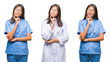 © Krakenimages.com - Collage of asian young surgeon doctor or nurse woman standing over white isolated background with hand on chin thinking about question, pensive expression. Smiling with thoughtful face. Doubt concept.