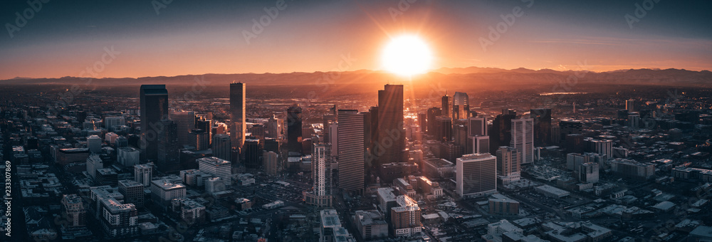 Aerial drone photo - City of Denver Colorado at sunset - obrazy, fototapety, plakaty 