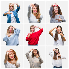 Poster - Collage of young beautiful women over isolated background smiling making frame with hands and fingers with happy face. Creativity and photography concept.