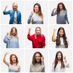 Canvas Print - Collage of young beautiful women over isolated background angry and mad raising fist frustrated and furious while shouting with anger. Rage and aggressive concept.