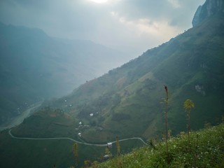 Beautiful view of mountain landscape and valley along the Ma Pi Leng pass at Meo Vac district in Ha Giang, Vietnam..