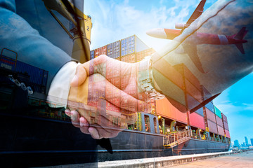 Double exposure business shake hand with Container warehouse background for delivery shipment transport.