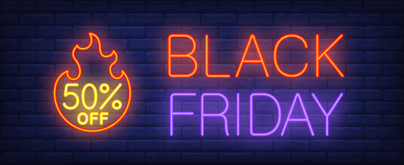 Wall Mural - Black Friday, fifty percent off neon text with fire flame. Sale advertising design. Night bright neon sign, colorful billboard, light banner. Vector illustration in neon style.