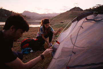 group hiker prepare make a tent