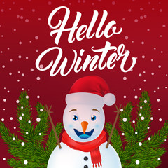 Wall Mural - Hello winter flyer design. Joyful snowman, fir tree branches and snowfall on red background. Illustration can be used for banners, posters, greeting cards