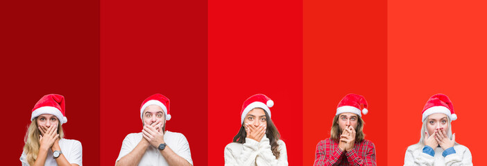 Sticker - Collage of group of young people wearing chrismast hat over isolated background shocked covering mouth with hands for mistake. Secret concept.