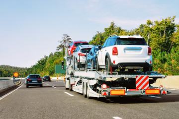 Wall Mural - Cars carrier truck in asphalt road in Slovenia