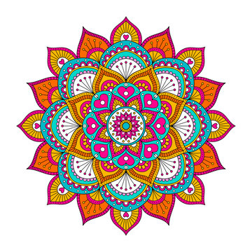 Vector hand drawn doodle mandala with hearts. Ethnic mandala with colorful ornament. Bright colors. Isolated. Illustration on doodle style.