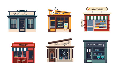 Sticker - Facades of various shops set, barbery, art, vegetables, market, music, computers vector Illustration on a white background