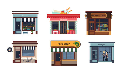 Canvas Print - Facades of various shops set, flower, ice cream, bookstore, cafe, pets shop, boutique vector Illustration on a white background