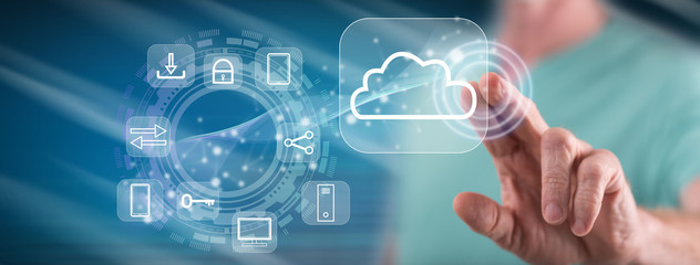 Wall Mural - man touching a cloud computing concept