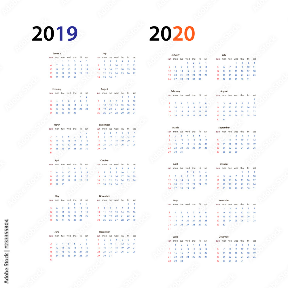 Year 2019 and Year 2020 calendar horizontal vector design template, simple and clean design. Calendar for 2019 and 2020 on White Background for organization and business. Week Starts Sunday. - obrazy, fototapety, plakaty 