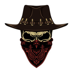 Color vector image of a skull in a cowboy hat and a bandana.