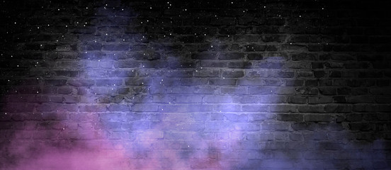 Wall Mural - empty background of old brick wall, black color, multi-colored smoke, neon light