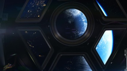 Wall Mural - 3d animation of a spaceship in orbit around planet earth in 4k