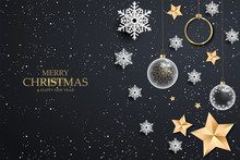 Black Christmas Background With White Snowflakes. Festive Christmas Background With Shining Gold Balls, Stars. Vector Illustration