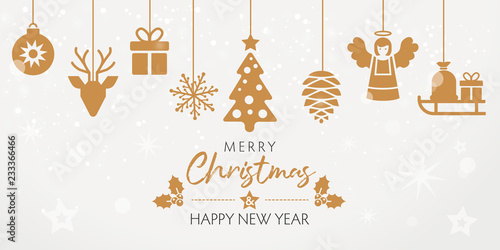 Fotografía Merry Christmas Weihnachtskarte mit goldenen dekorativen Elementen im din lang F
