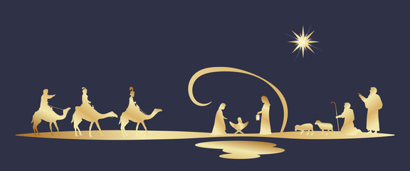 Wall Mural - Christmas time. Nativity scene with Mary, Joseph, baby Jesus, shepherds and three kings.