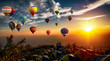 © applezoomzoom - Dramatic panorama of mountain with hot air balloons at sunset,Thailand.