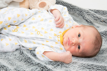 Wall Mural - lying newborn baby on a blanket with a teddy looking camera at home