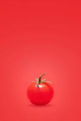 Single ripe red cherry tomato on a matching red background.  Cherry tomato at the bottom of the frame allowing for copy space and text