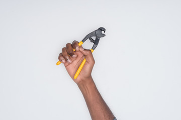 Wall Mural - cropped shot of african american man holding cutting pliers isolated on white