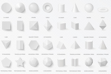 Realistic white basic 3d shapes in top and front view isolated on the alpha transperant background.