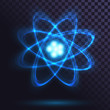 Blue glowing atom on transparent background. Science, physics. Nuclear power
