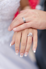 Canvas Print - wedding rings on hands of newlyweds