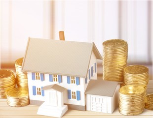 Wall Mural - Model of house with coins on  table