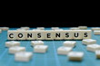 Selective focus of Consensus word made of square letter block on green square mat background.