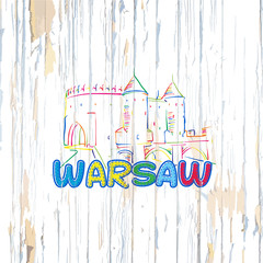 Canvas Print - Colorful Warsaw drawing on wooden background