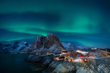 Fisherman Village With Aurora In The Background Travel Concept World Explore Northern Light / Lofoten Norway
