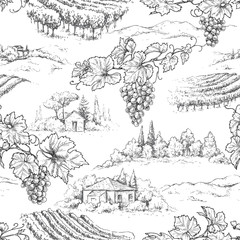 Wall Mural - Seamless Pattern with Grapes and Rural Scene