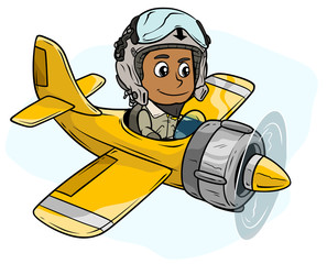 Cartoon pilot boy character in retro airplane