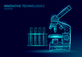Microscope bacteria 3D low poly render probiotics. Laboratory analysis microorganism. Healthy flora of human body. Modern science technology medicine allergy immunity thearment vector illustration