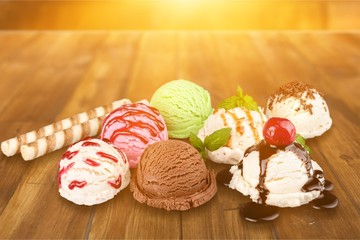 Sticker - Ice cream scoops with vanilla, chocolate and berry scoops and