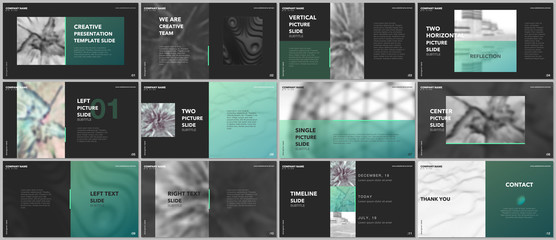 Wall Mural - Minimal presentations design, portfolio vector templates with elements on black background. Multipurpose template for presentation slide, flyer leaflet, brochure cover, report, marketing, advertising.