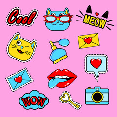 fashion patch badges with lips, cats, hearts, meow, letter, perfume, camera, speech bubbles,tongue, 