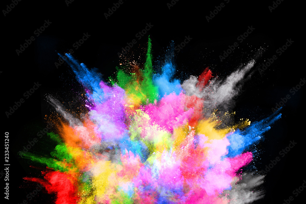abstract colored dust explosion on a black background.abstract powder splatted background,Freeze motion of color powder exploding/throwing color powder, multicolored glitter texture. - obrazy, fototapety, plakaty 