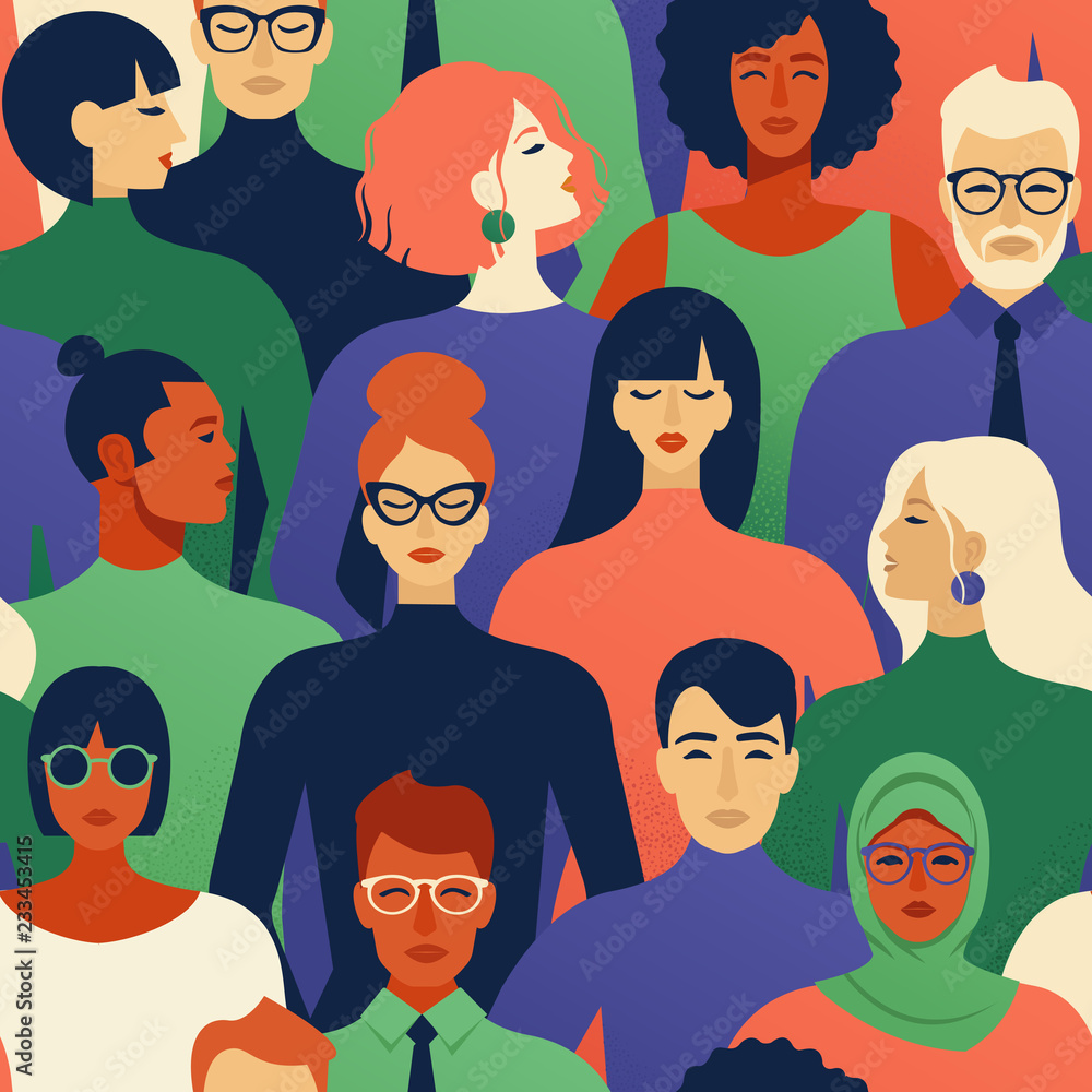 Seamless pattern of many different people profile heads. Vector background. - obrazy, fototapety, plakaty 