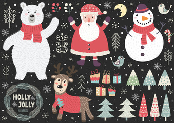 Wall Mural - Set of cute Christmas elements: polar bear, Santa, snowman, deer, birds, trees and other. Great for design of greeting cards, invitations, tags and stickers. Vector illustration