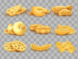 Sticker - Vector realistic food cooking pasta types isolated on transparent background illustration