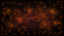 Abstract Dark Background With Orange Luminous Hexagons, Honeycombs