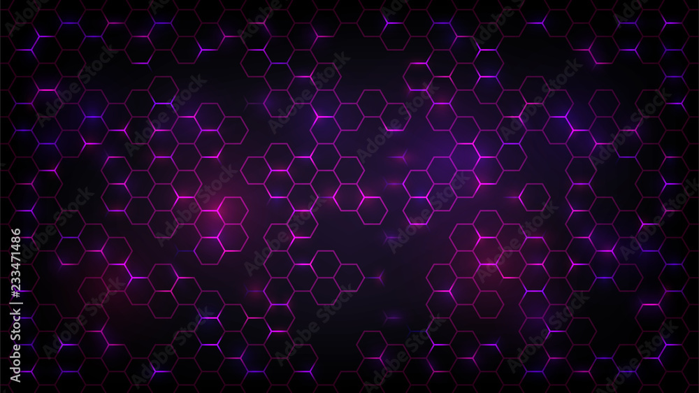 Abstract dark background with purple luminous hexagons, technology, neon - obrazy, fototapety, plakaty 