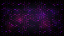 Abstract Dark Background With Purple Luminous Hexagons, Technology, Neon